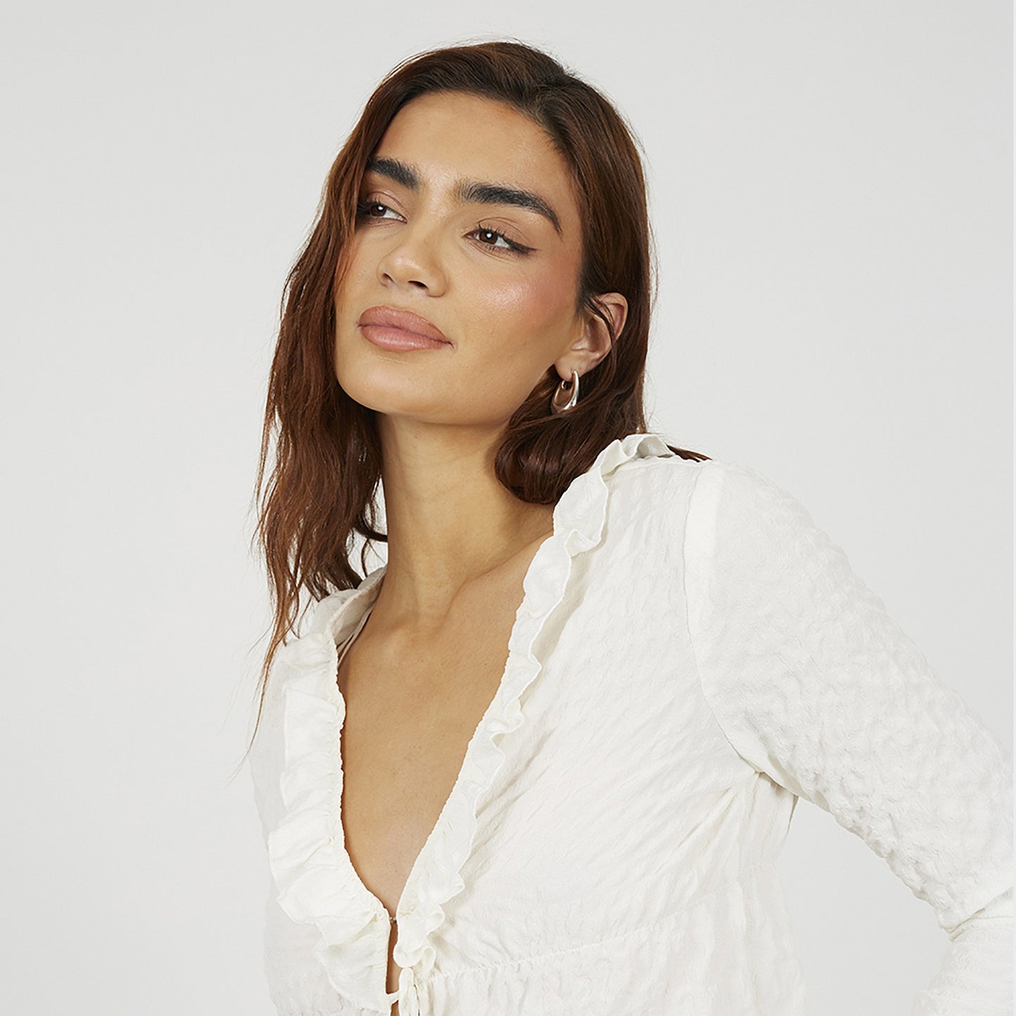 Brave Soul Cream Seersucker Frill Collar Tie Front Blouse - Cream Image 1