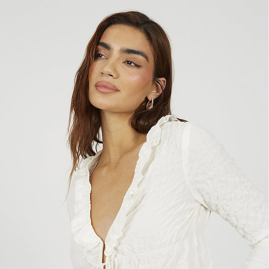 Brave Soul Cream Seersucker Frill Collar Tie Front Blouse - Cream Image 1