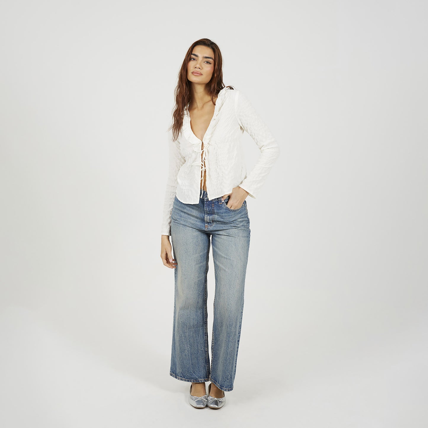 Brave Soul Cream Seersucker Frill Collar Tie Front Blouse - Cream Image 3