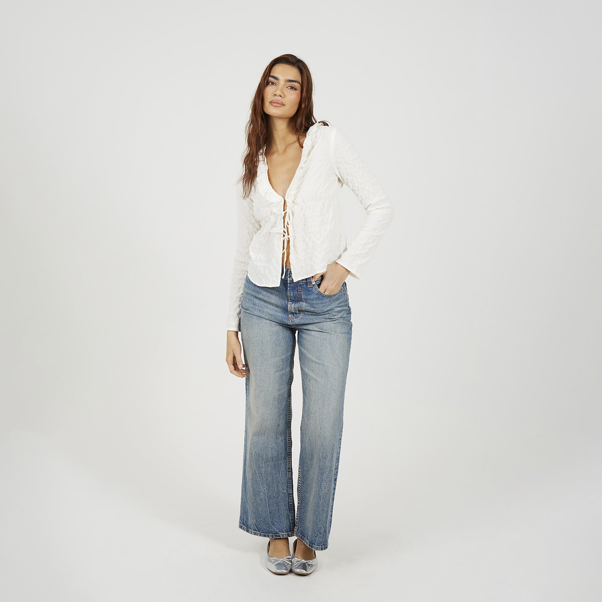 Brave Soul Cream Seersucker Frill Collar Tie Front Blouse - Cream Image 3