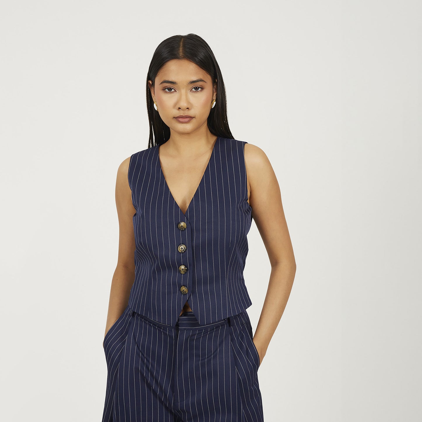 Brave Soul Navy Tailored Pinstripe Waistcoat - Navy Image 1