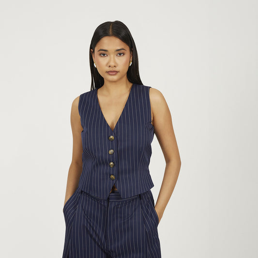 Brave Soul Navy Tailored Pinstripe Waistcoat - Navy Image 1