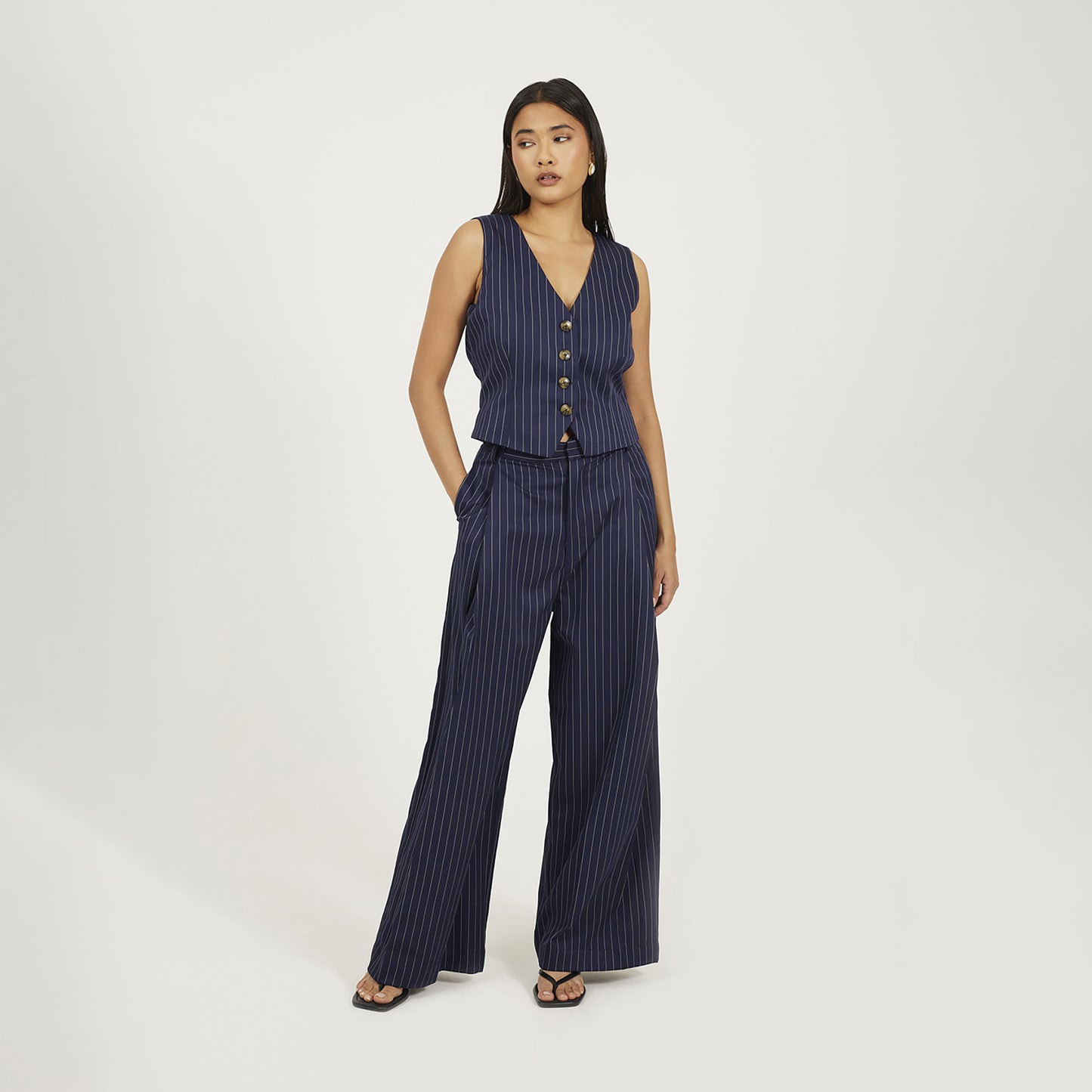 Brave Soul Navy Tailored Pinstripe Waistcoat - Navy Image 3