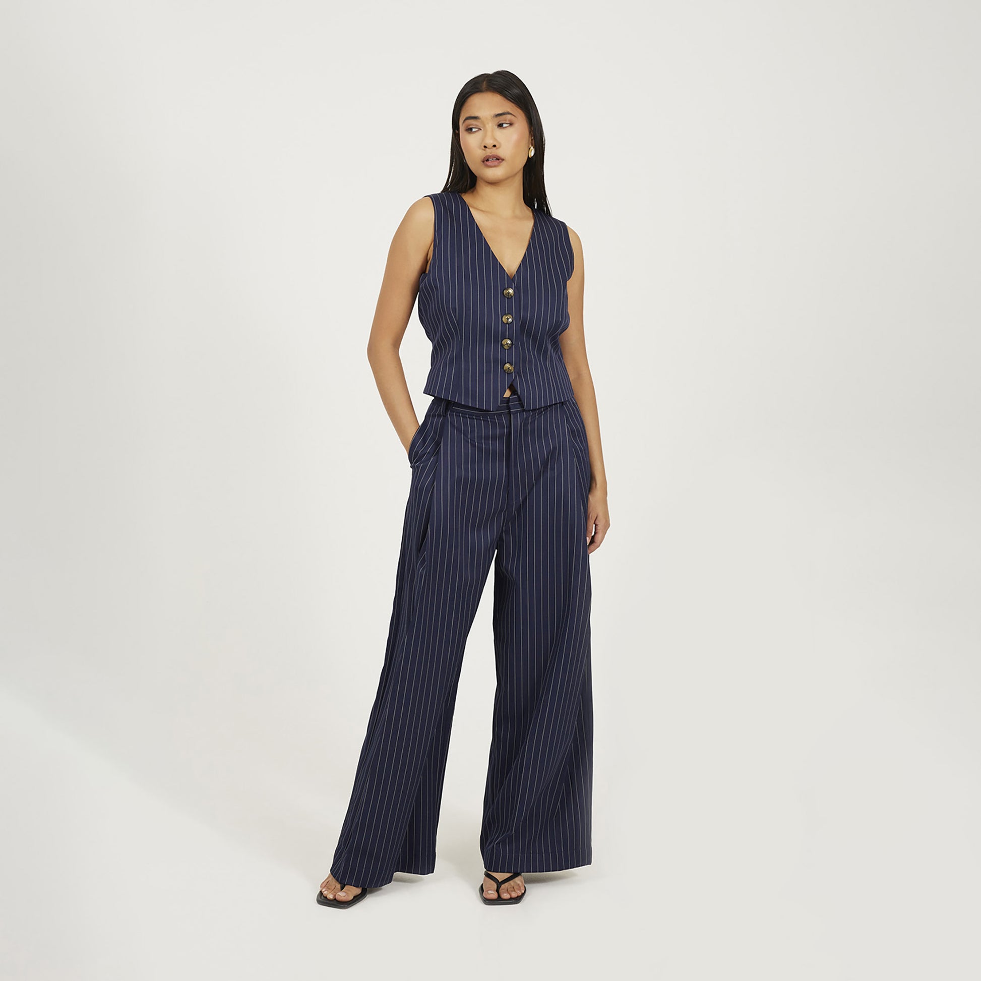 Brave Soul Navy Tailored Pinstripe Waistcoat - Navy Image 3