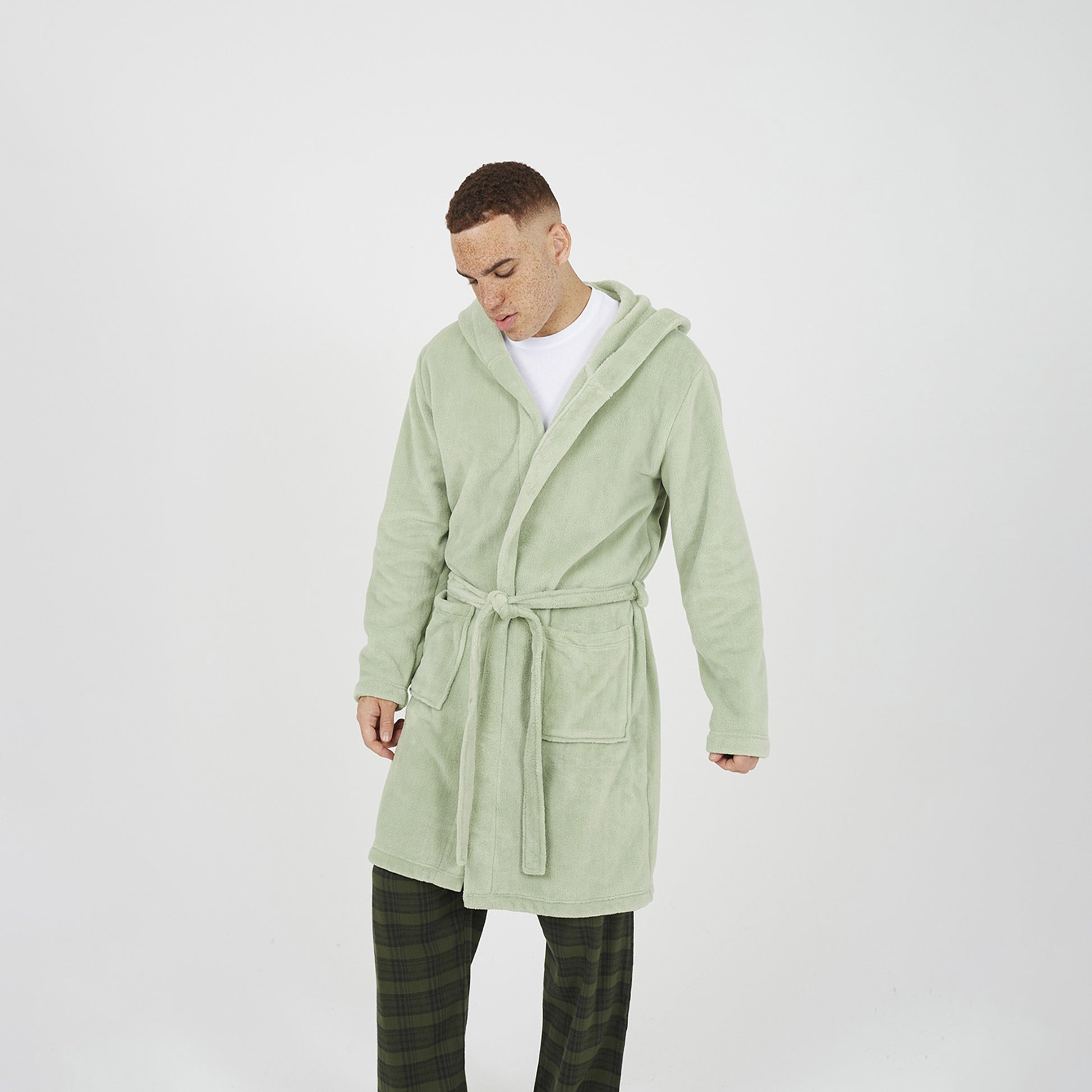 Brave Soul Pale Green Hooded Dressing Gown with Tie Belt - Pale Green Image 1