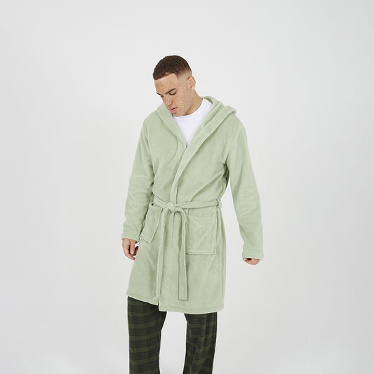 Brave Soul Pale Green Hooded Dressing Gown with Tie Belt - Pale Green Image 1