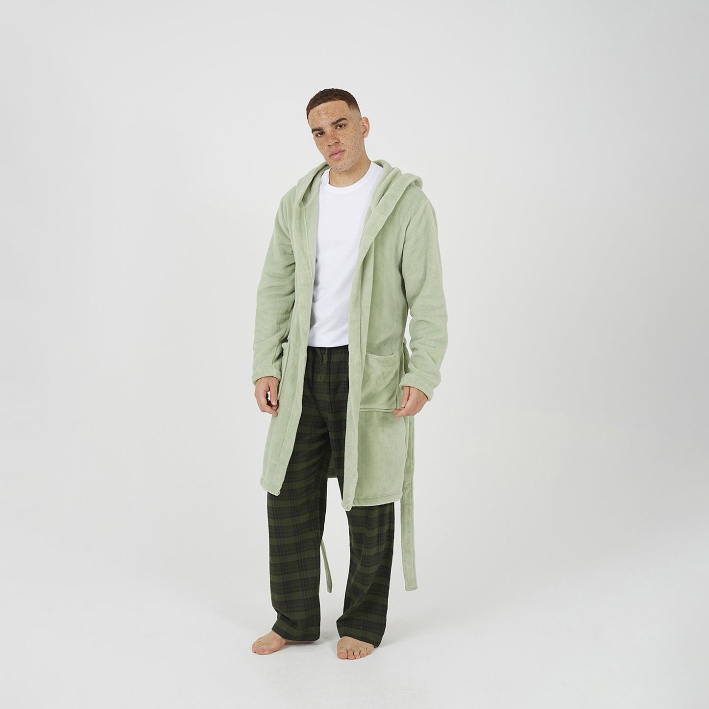 Brave Soul Pale Green Hooded Dressing Gown with Tie Belt - Pale Green Image 3