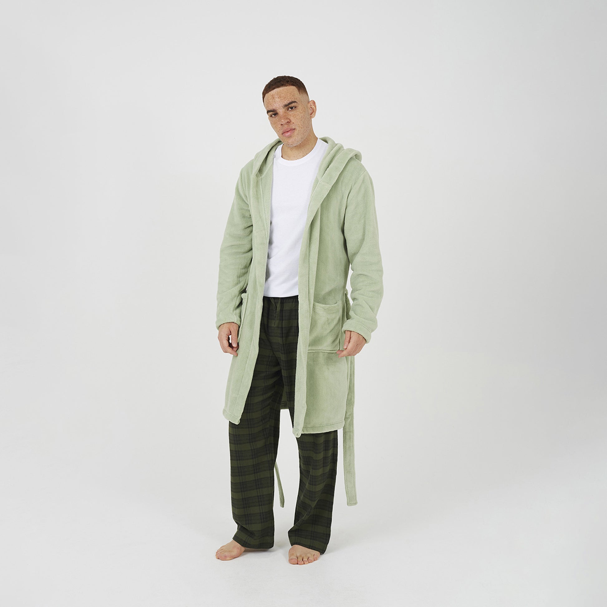 Brave Soul Pale Green Hooded Dressing Gown with Tie Belt - Pale Green Image 3