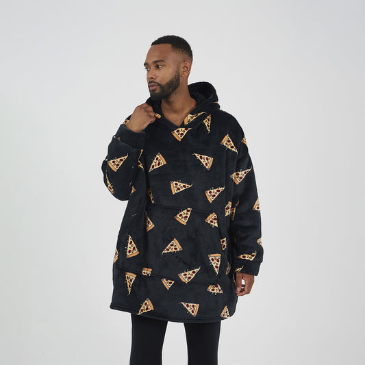 Brave Soul Black Pizza Print Snuggie with Hood - Black Image 1