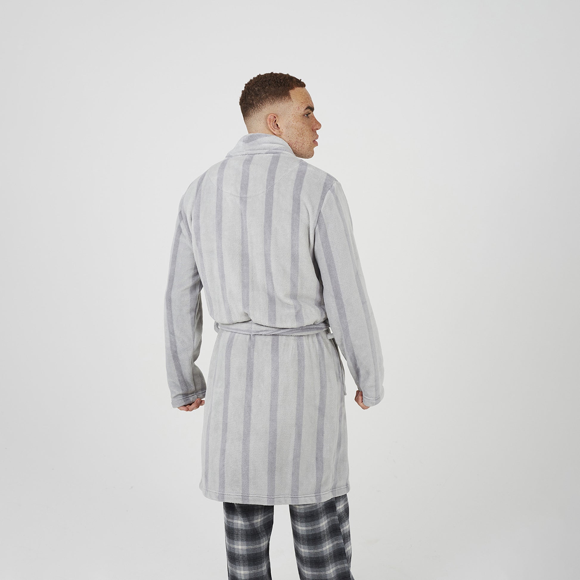 Brave Soul Grey Striped Long Length Sherpa Dressing Gown - Grey Image 2