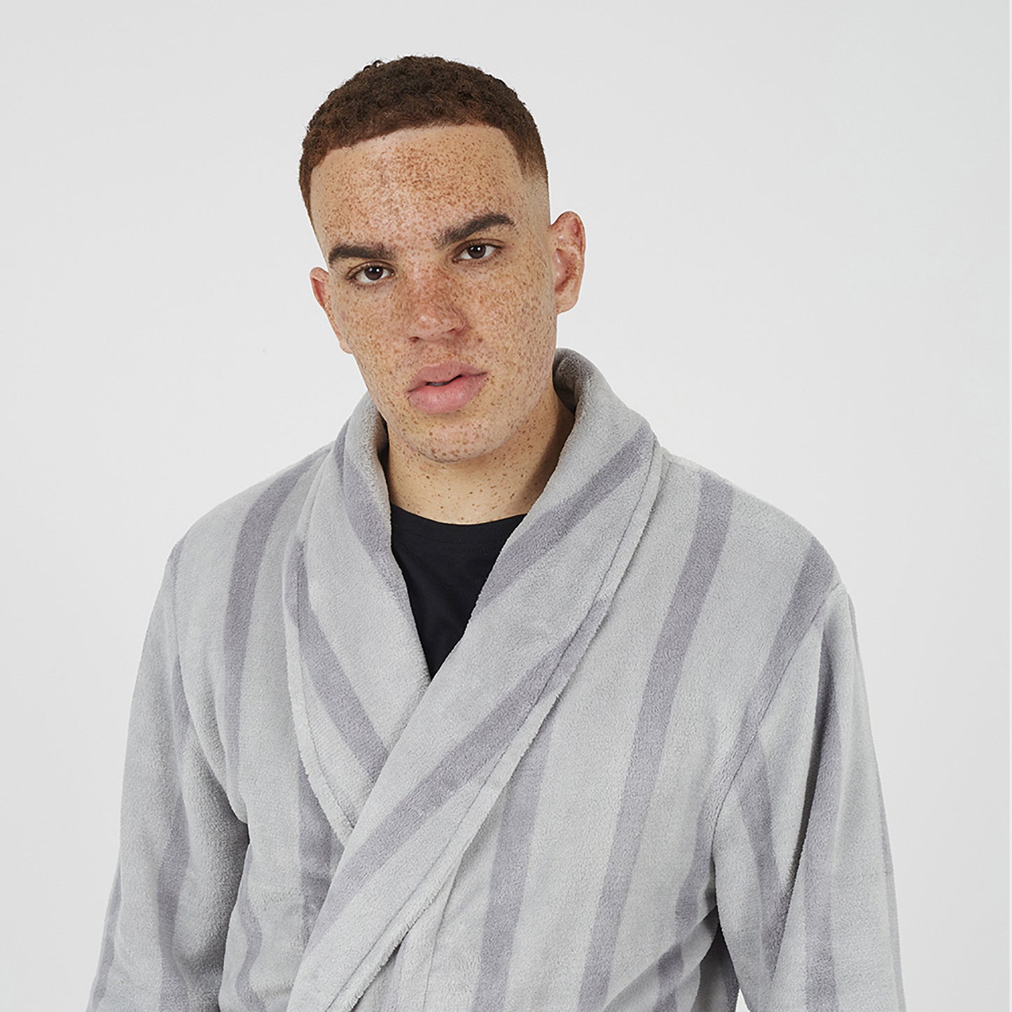 Brave Soul Grey Striped Long Length Sherpa Dressing Gown - Grey Image 4
