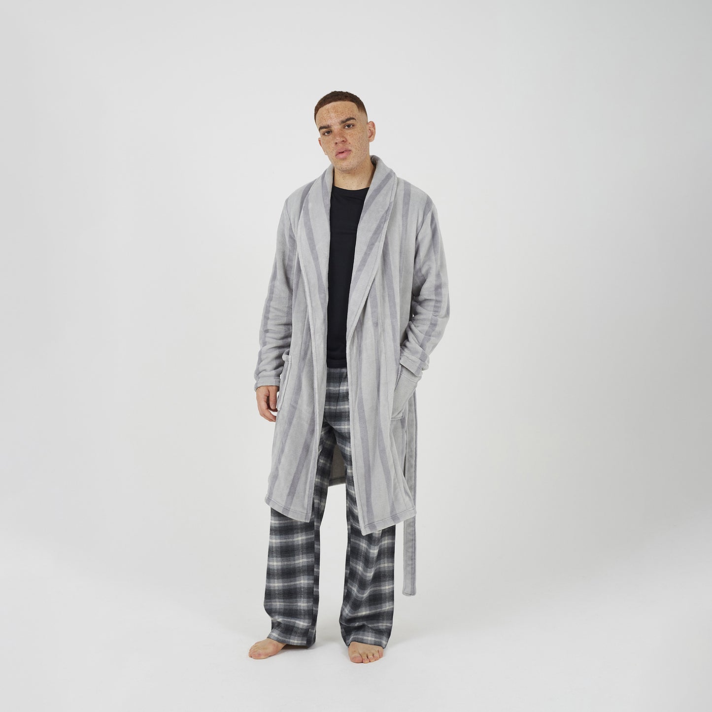 Brave Soul Grey Striped Long Length Sherpa Dressing Gown - Grey Image 3