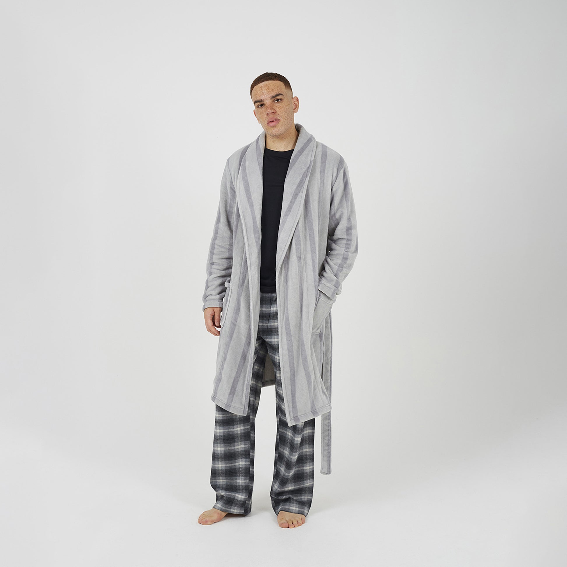 Brave Soul Grey Striped Long Length Sherpa Dressing Gown - Grey Image 3