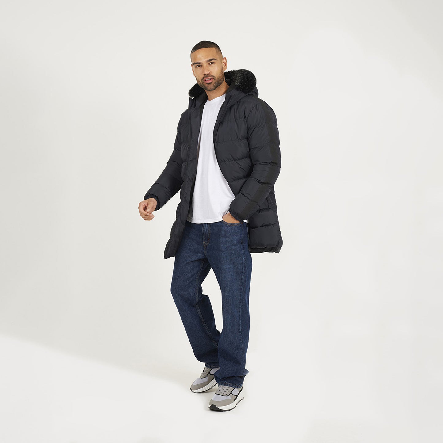 Brave Soul Black Longline Padded Jacket With Faux Fur Trim Hood - Black Image 3