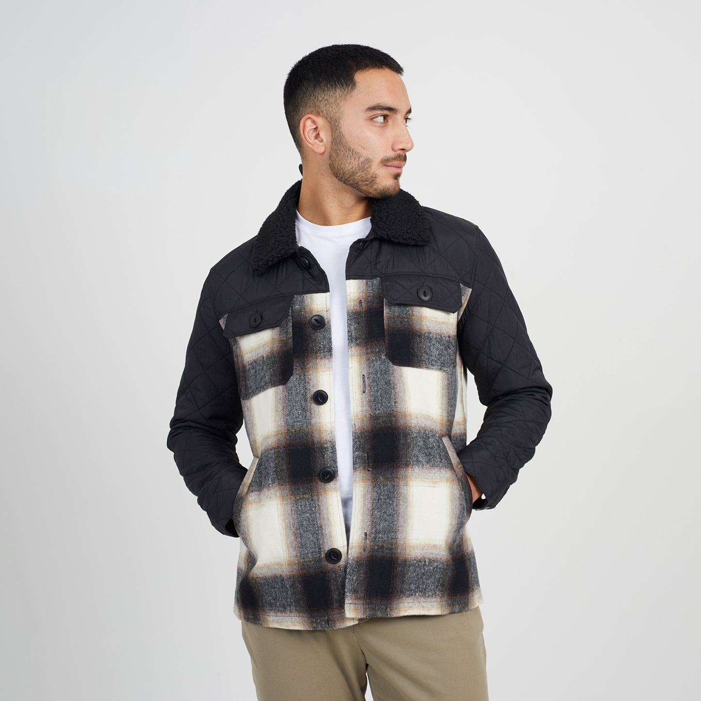 Brave Soul Black Sherpa Collar Checked Jacket - Black Image 1