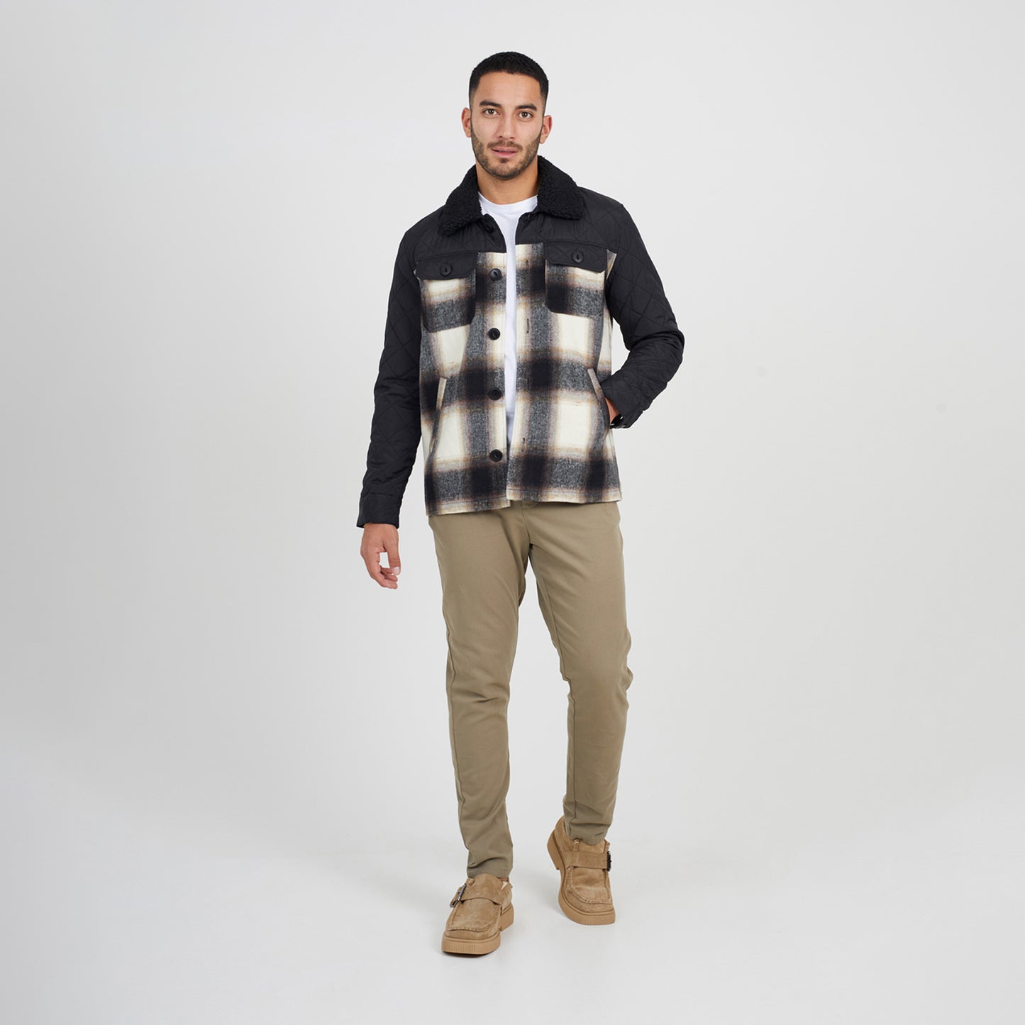 Brave Soul Black Sherpa Collar Checked Jacket - Black Image 3
