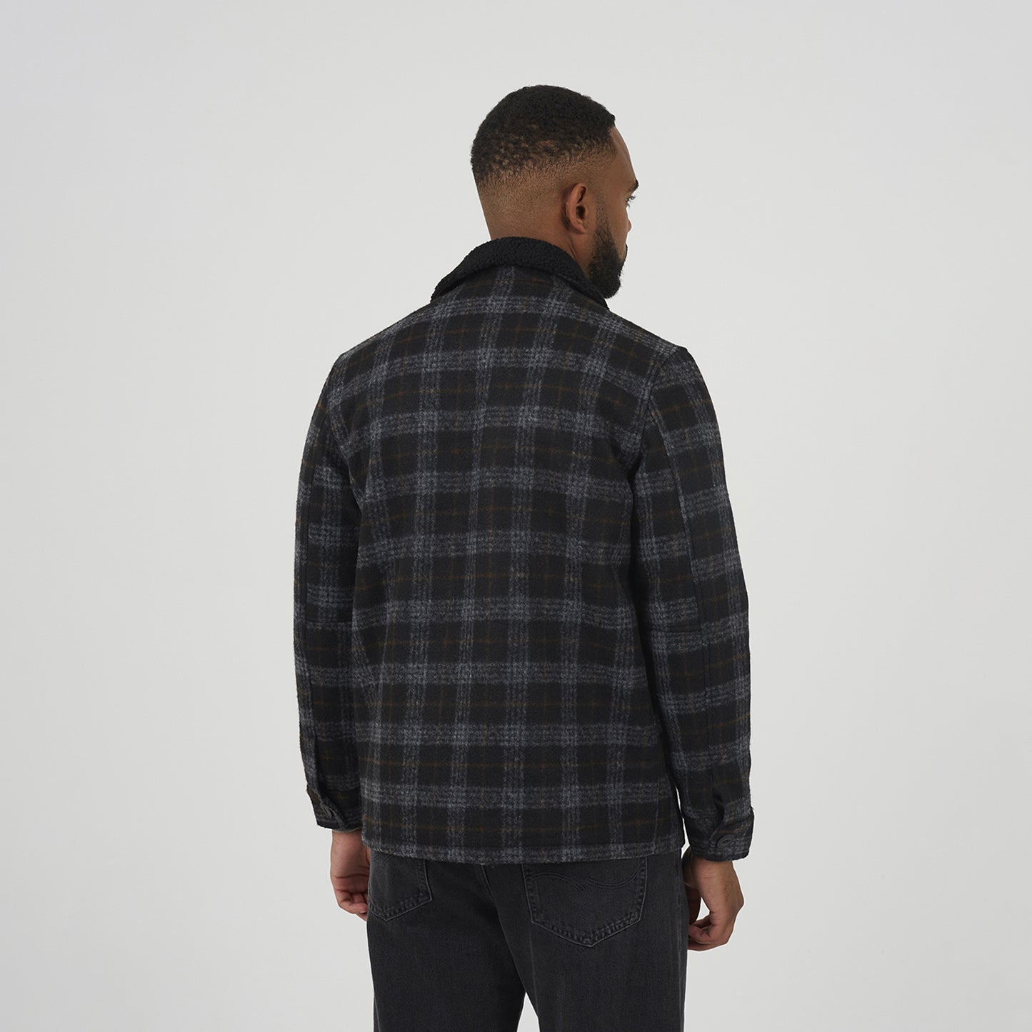Brave Soul Black Checked Jacket with Sherpa Collar - Black Image 2