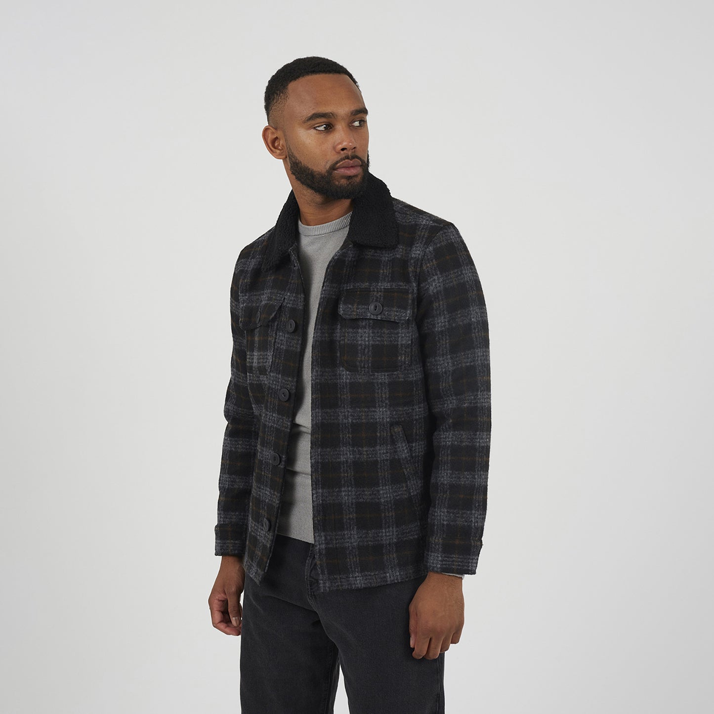 Brave Soul Black Checked Jacket with Sherpa Collar - Black Image 1