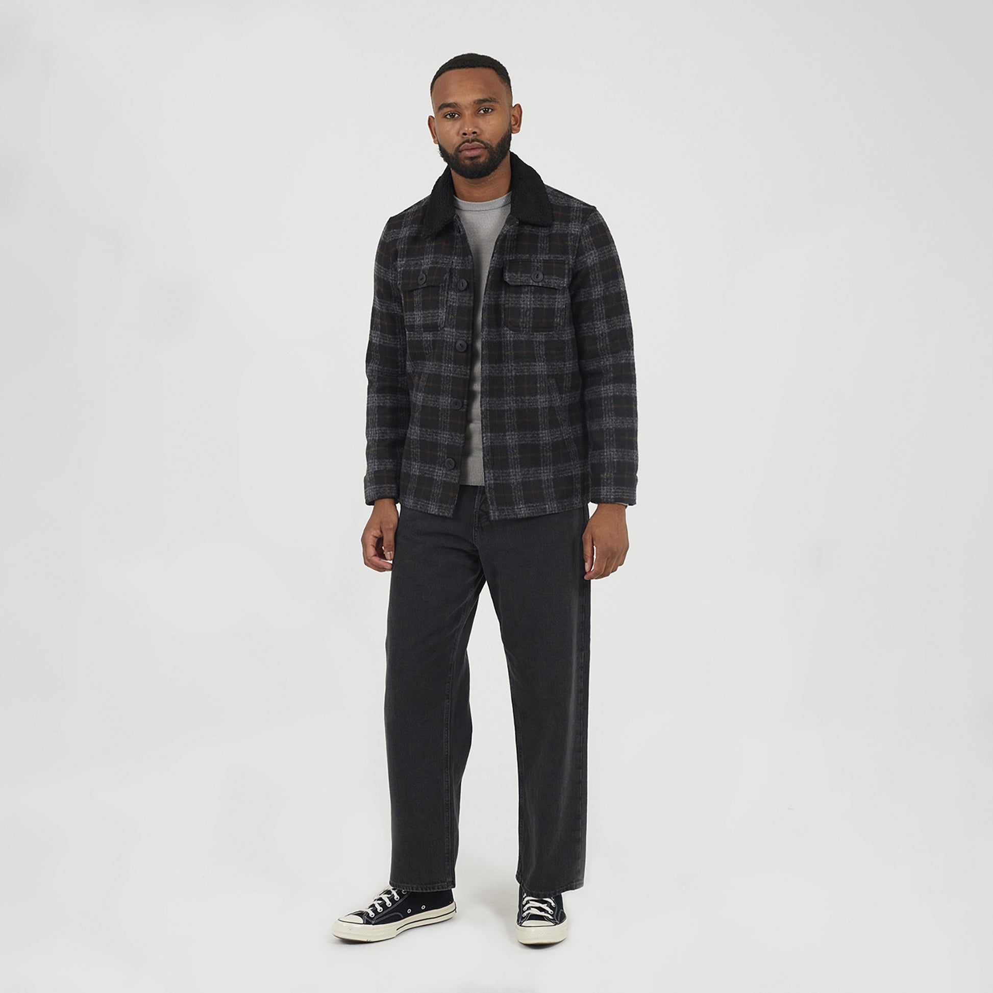 Brave Soul Black Checked Jacket with Sherpa Collar - Black Image 3