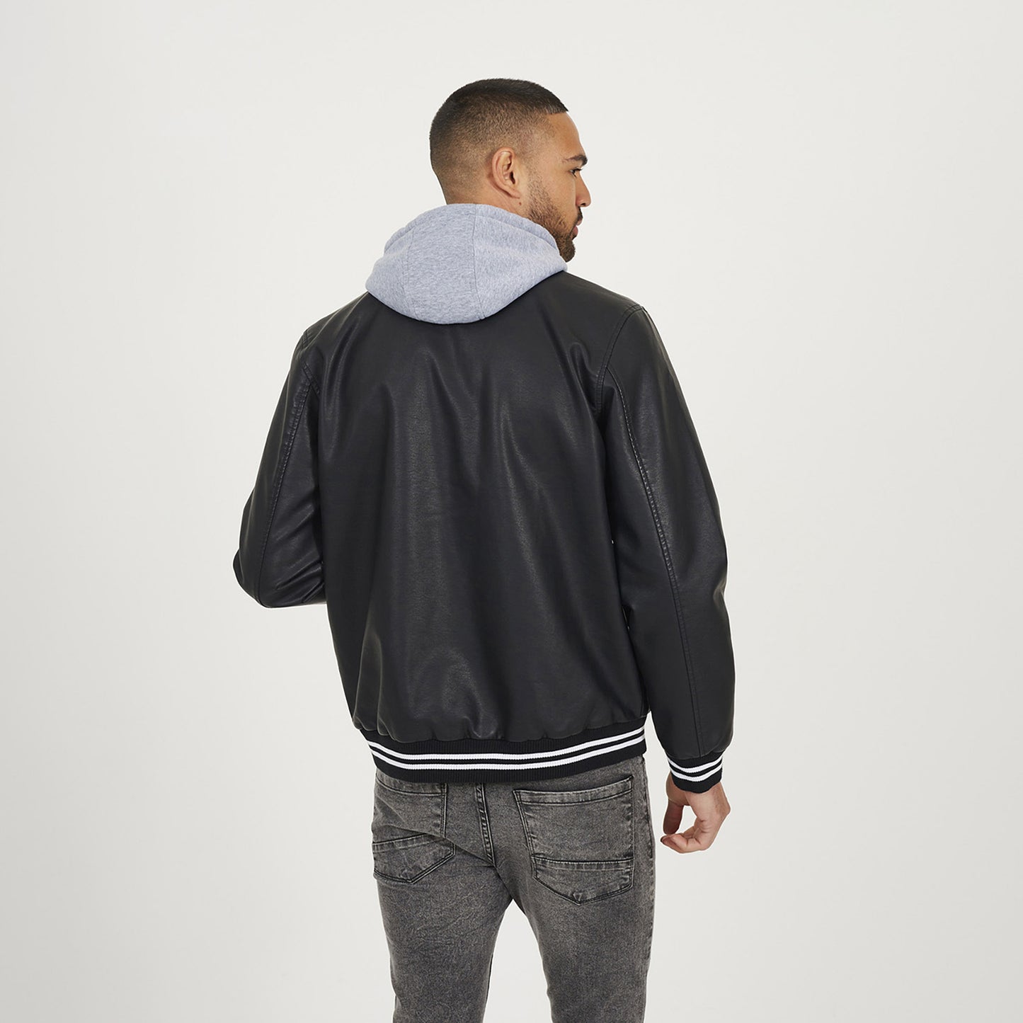 Brave Soul Black Jersey Hooded Varsity Style PU Jacket - Black Image 2