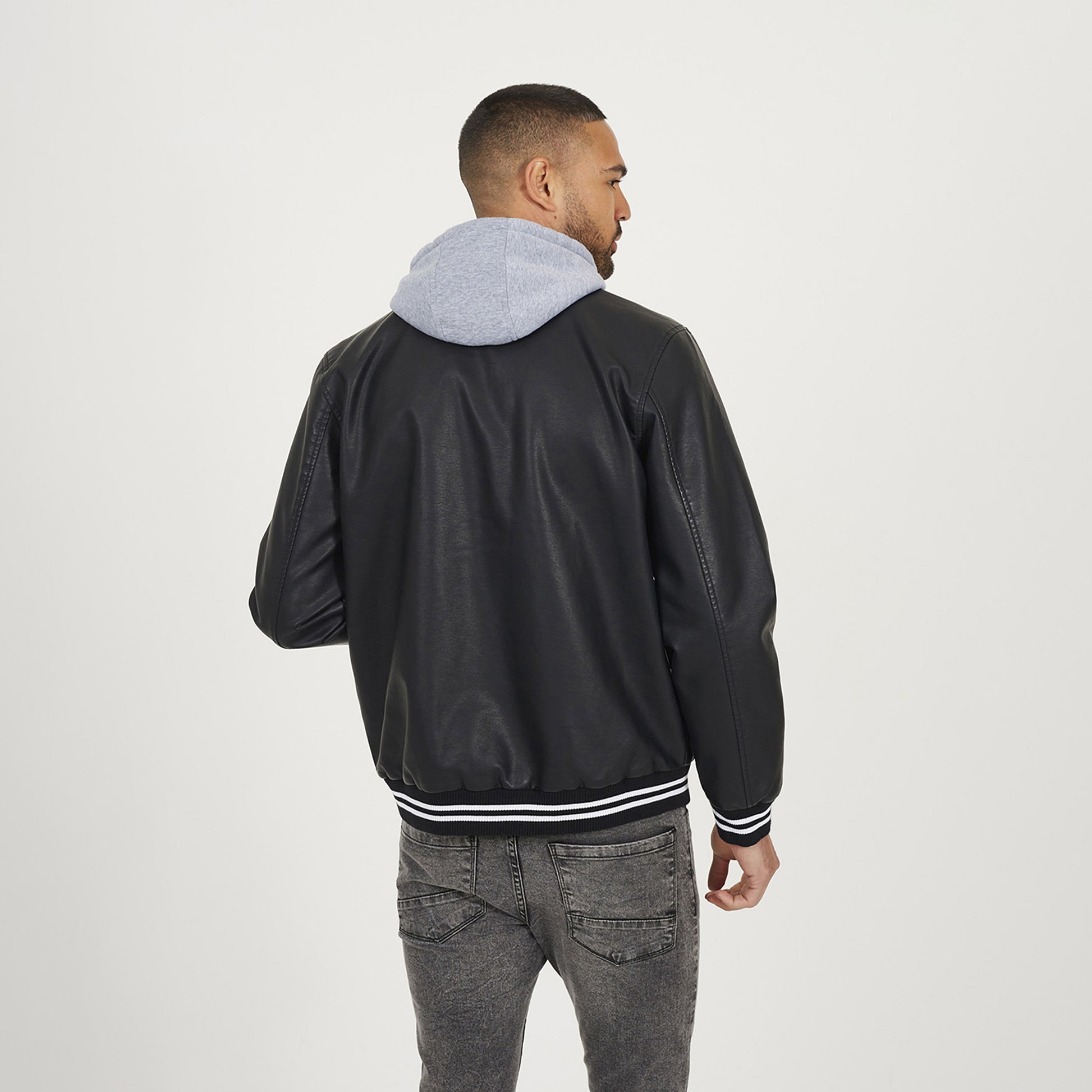 Brave Soul Black Jersey Hooded Varsity Style PU Jacket - Black Image 2