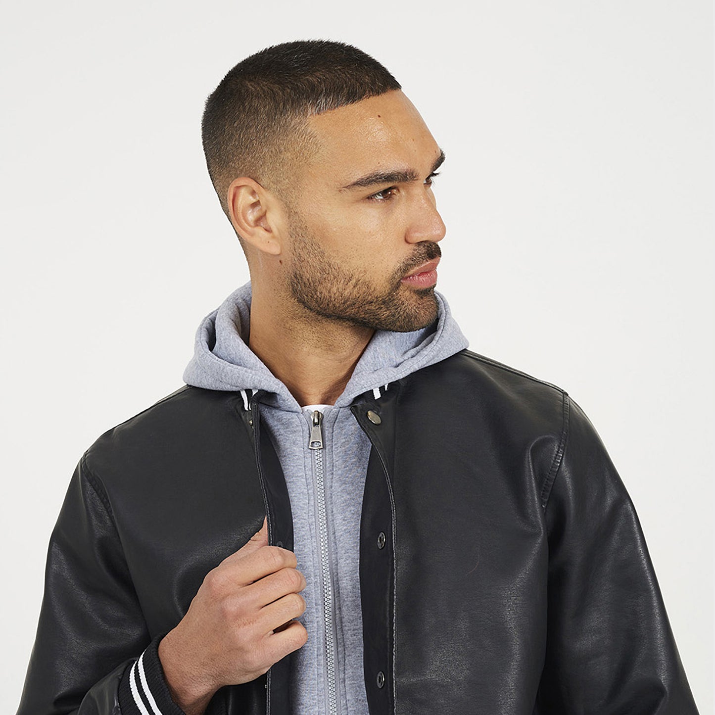 Brave Soul Black Jersey Hooded Varsity Style PU Jacket - Black Image 4