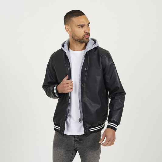 Brave Soul Black Jersey Hooded Varsity Style PU Jacket - Black Image 1