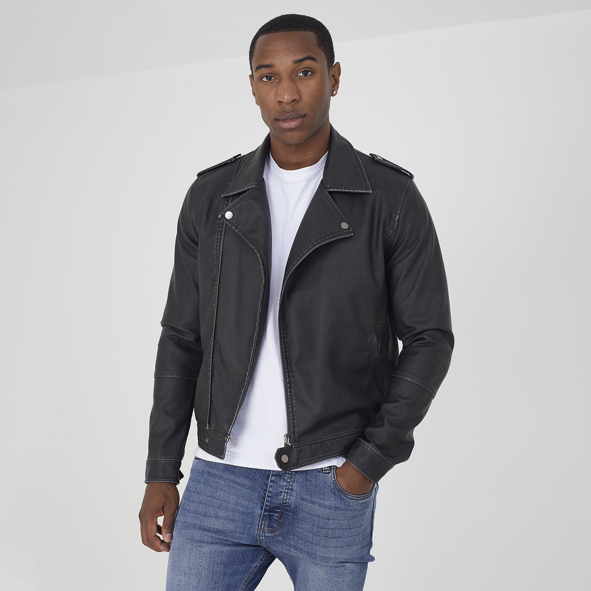 Brave Soul Black Faux Leather Biker Jacket - Black Image 1