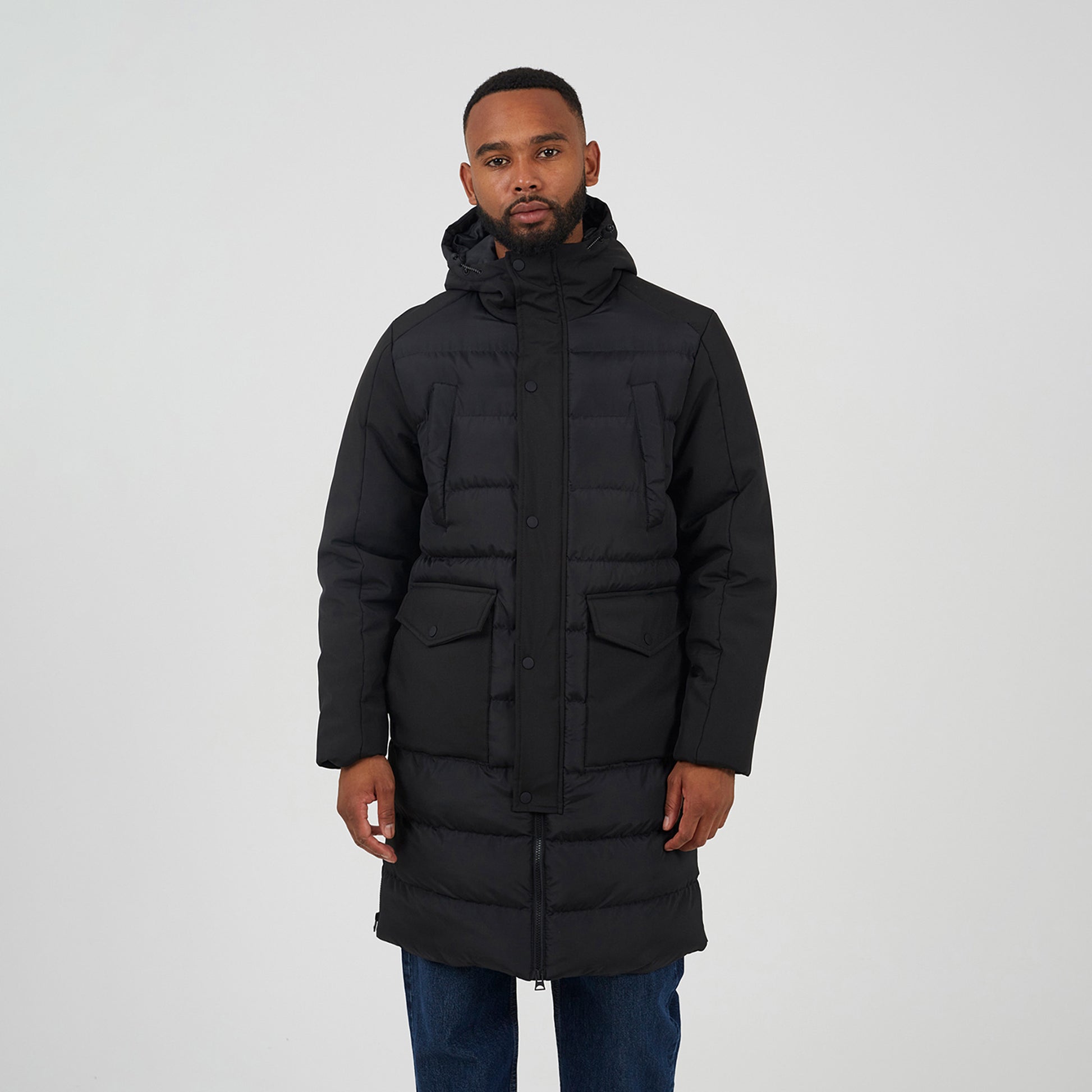 Brave Soul Black Padded Hooded Longline Jacket - Black Image 1