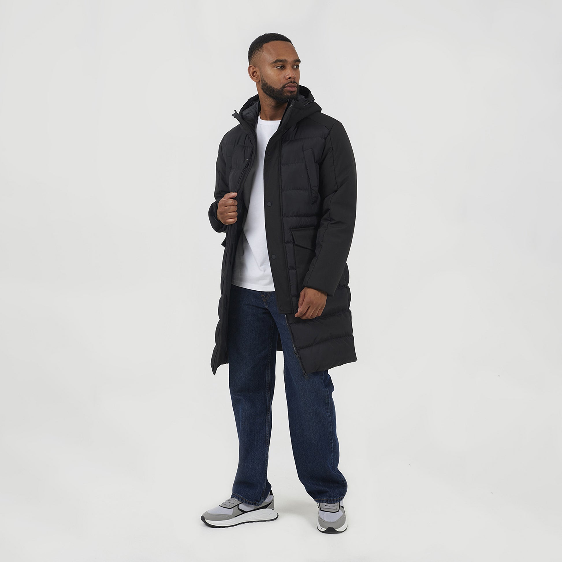 Brave Soul Black Padded Hooded Longline Jacket - Black Image 3