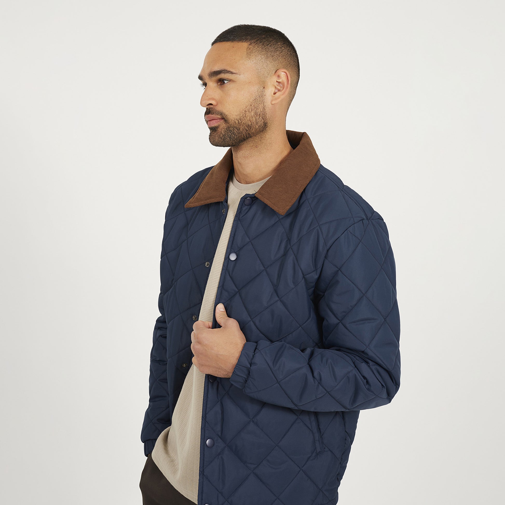 Brave Soul Navy Quilted Coach Jacket with Cord Collar - Navy Image 4