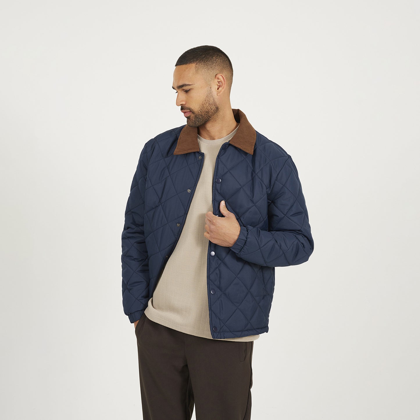 Brave Soul Navy Quilted Coach Jacket with Cord Collar - Navy Image 1