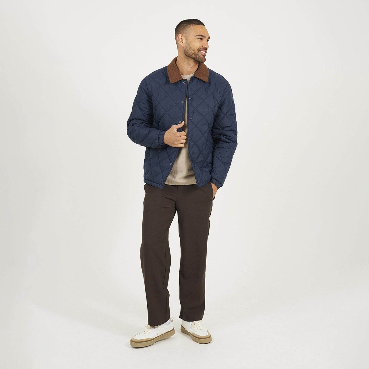 Brave Soul Navy Quilted Coach Jacket with Cord Collar - Navy Image 3