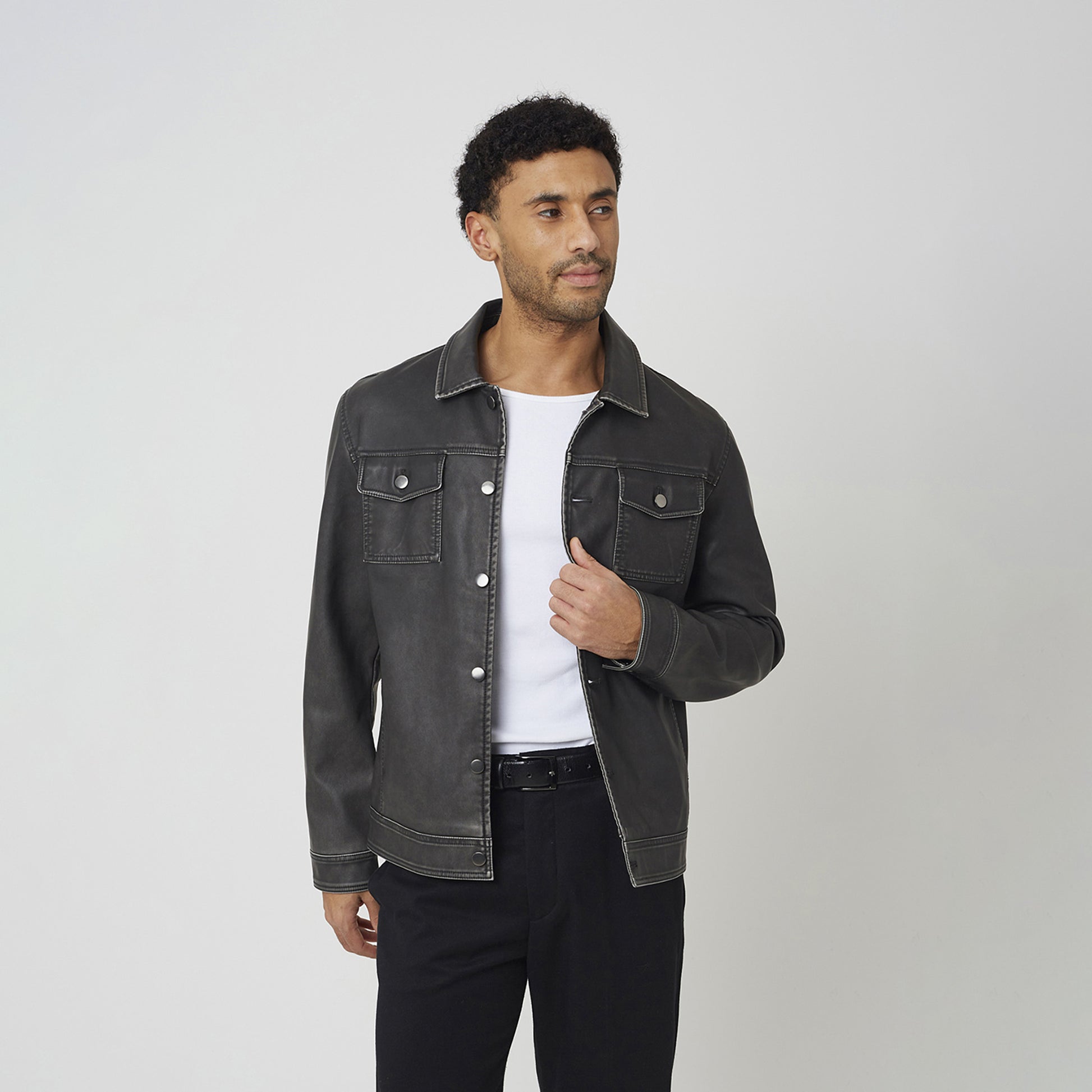 Brave Soul Black Faux Leather Button Through Shacket - Black Image 1