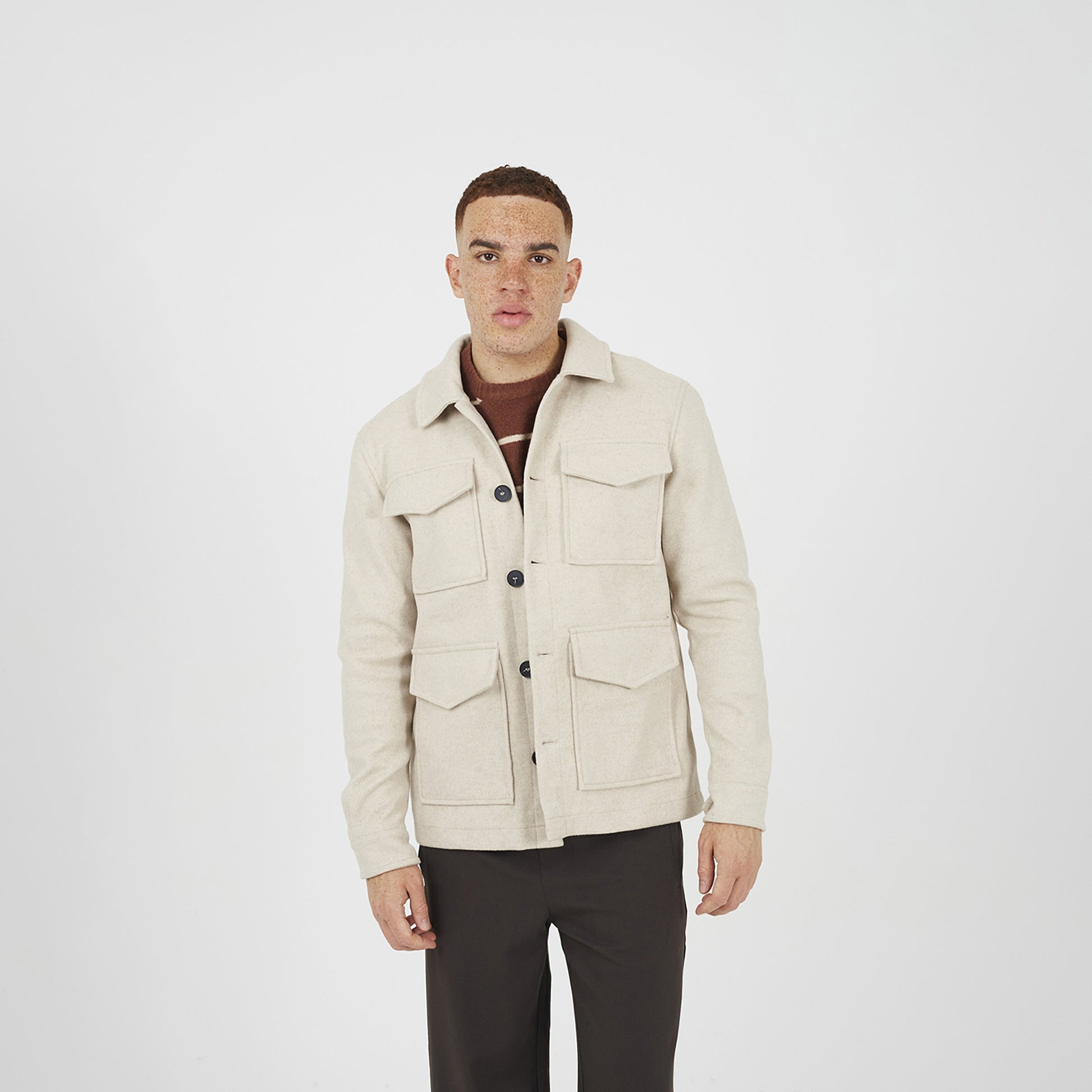 Brave Soul Stone Wool-Look Four Pocket Shacket - Stone Image 1