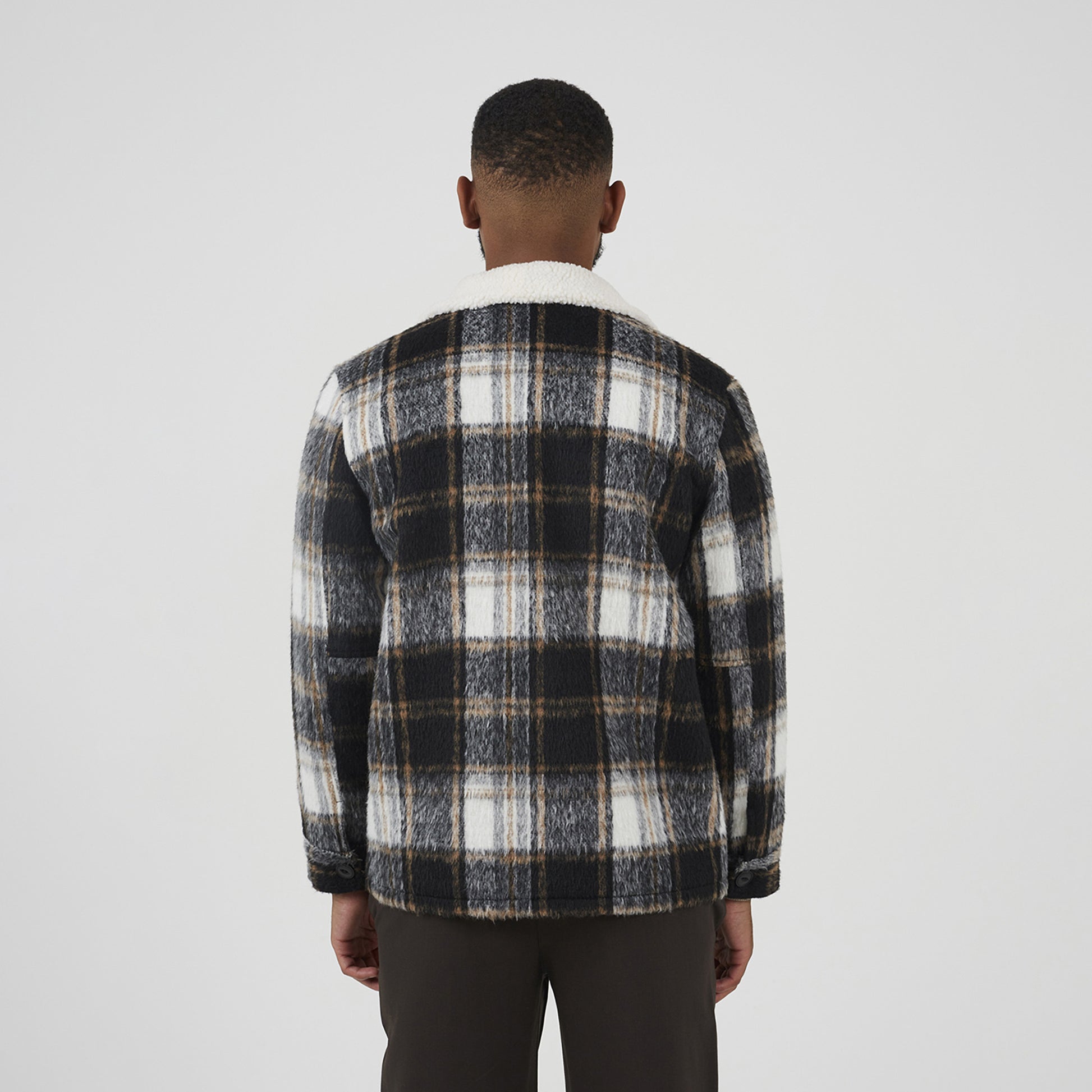 Brave Soul Black Brushed Check Jacket with Sherpa Collar - Black Image 2