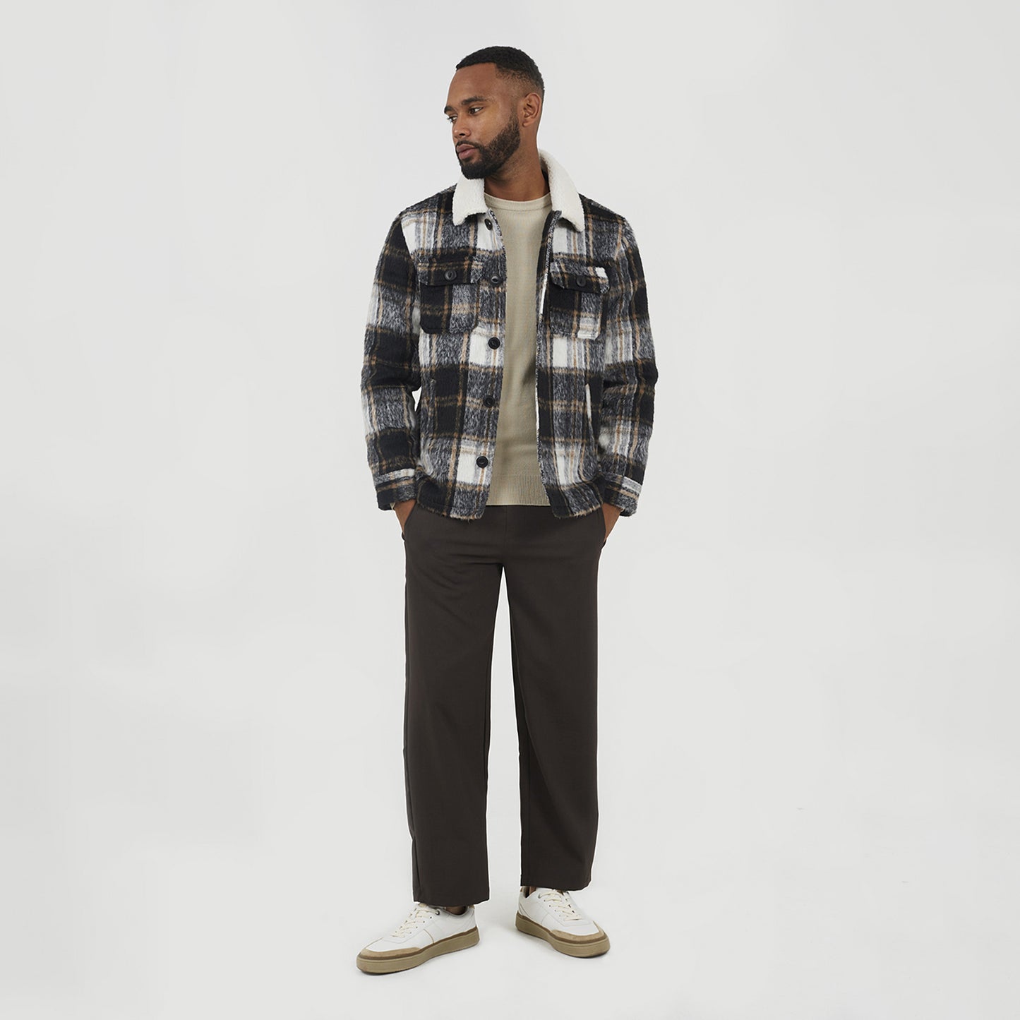 Brave Soul Black Brushed Check Jacket with Sherpa Collar - Black Image 3