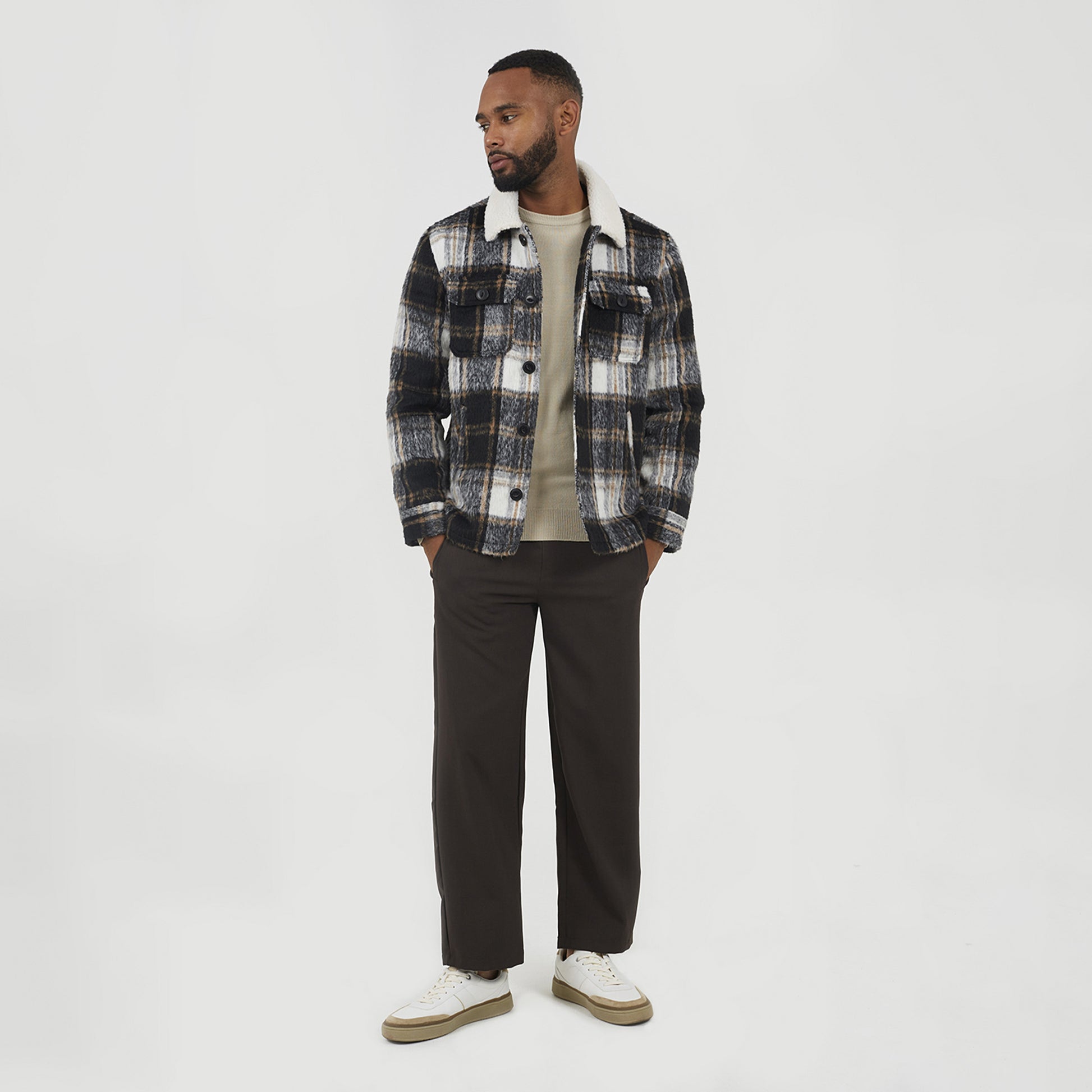 Brave Soul Black Brushed Check Jacket with Sherpa Collar - Black Image 3