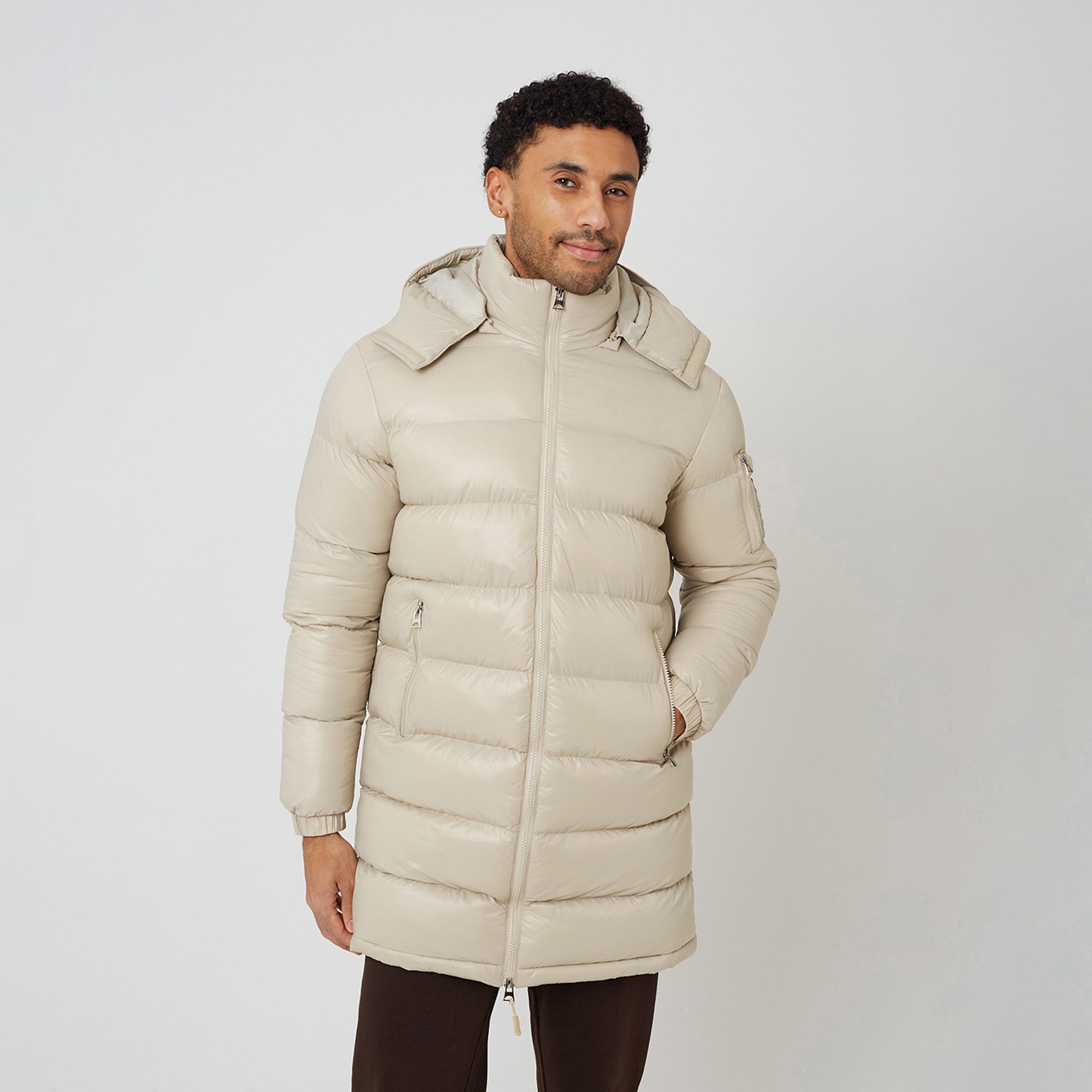 Brave Soul Stone Longline Hooded Padded Puffer Jacket - Stone Image 1