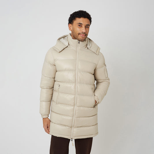 Brave Soul Stone Longline Hooded Padded Puffer Jacket - Stone Image 1