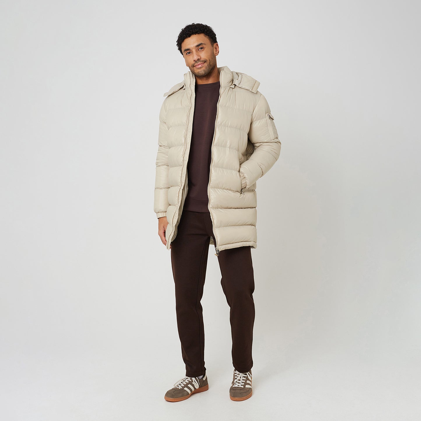 Brave Soul Stone Longline Hooded Padded Puffer Jacket - Stone Image 3