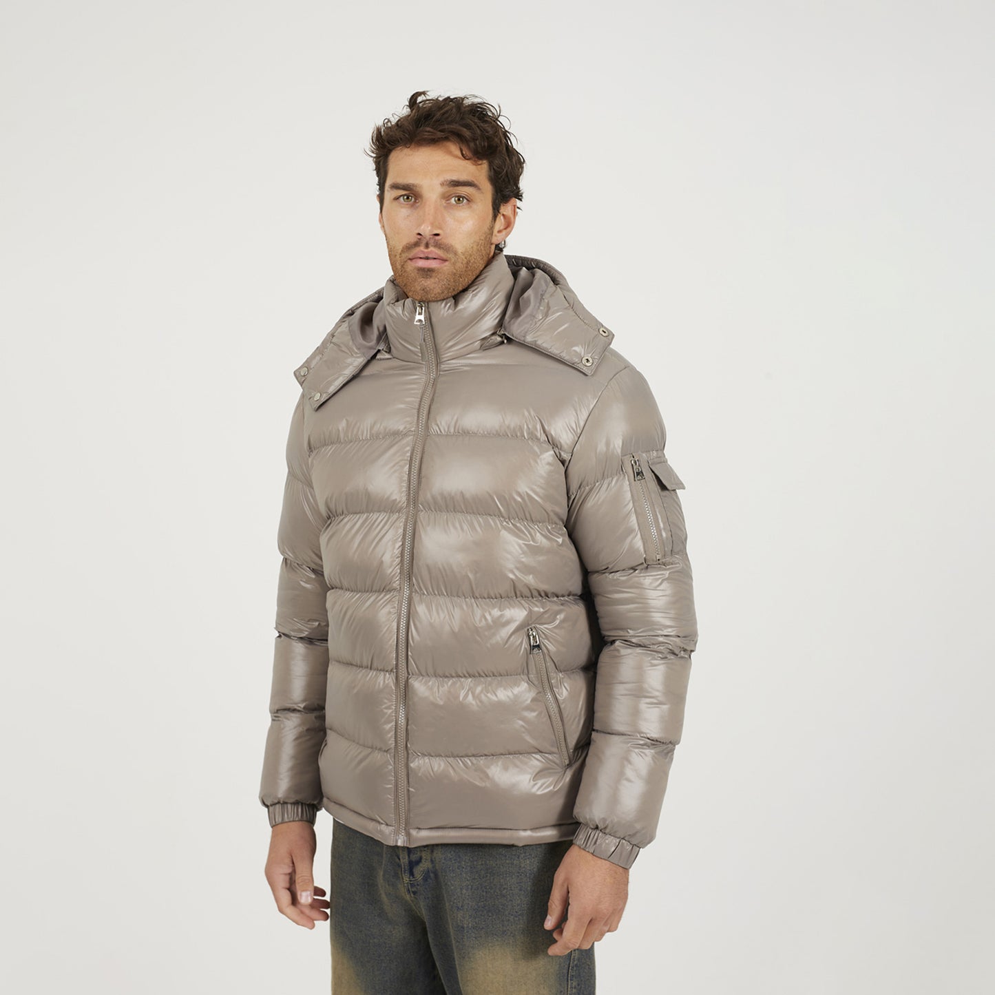 Brave Soul Taupe Hooded Padded Puffer Jacket with Detachable Hood - Taupe Image 1