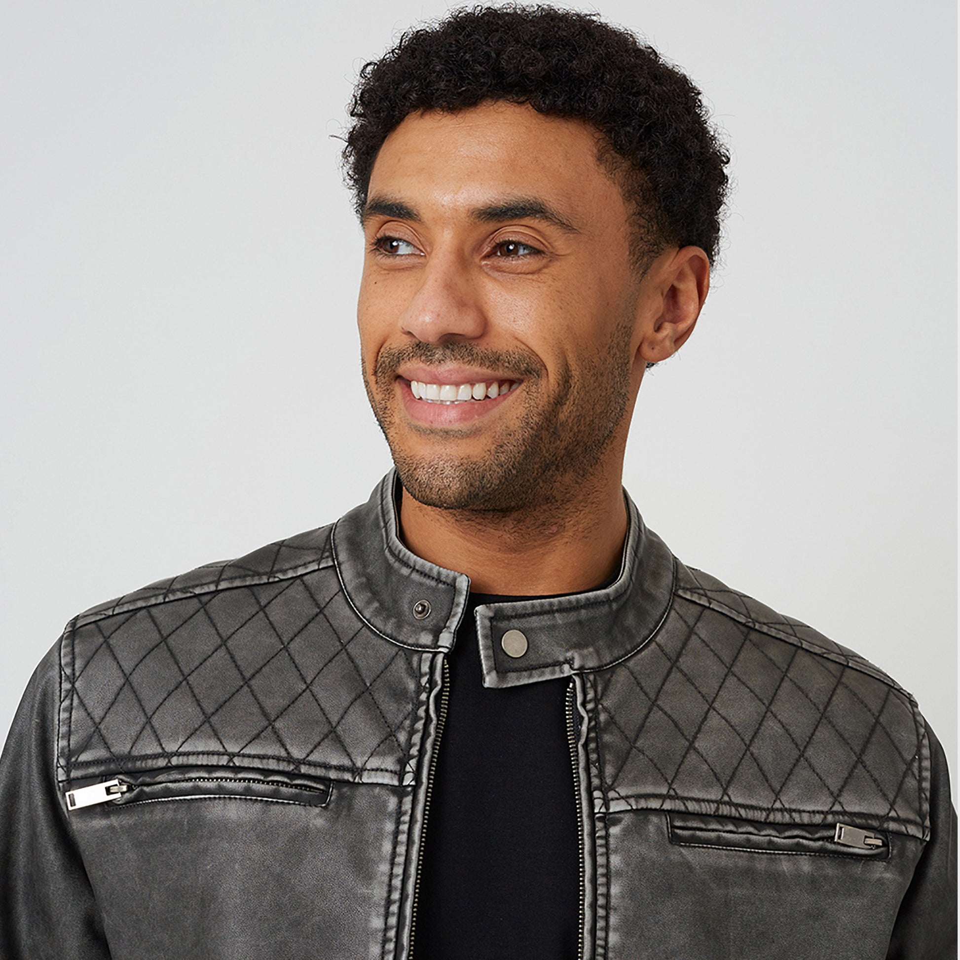 Brave Soul Black Onion Quilted Vintage PU Biker Jacket - Black Image 4