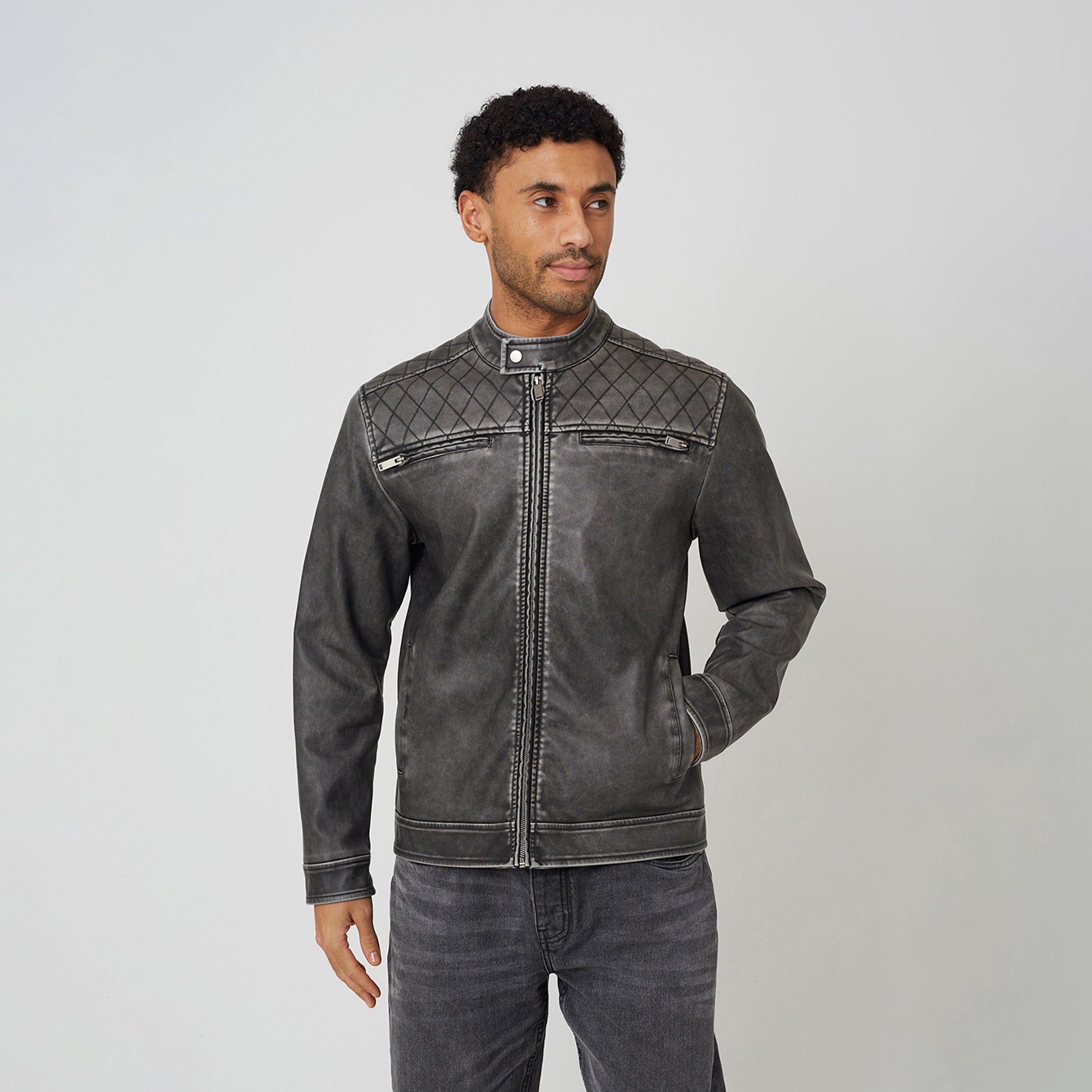 Brave Soul Black Onion Quilted Vintage PU Biker Jacket - Black Image 1