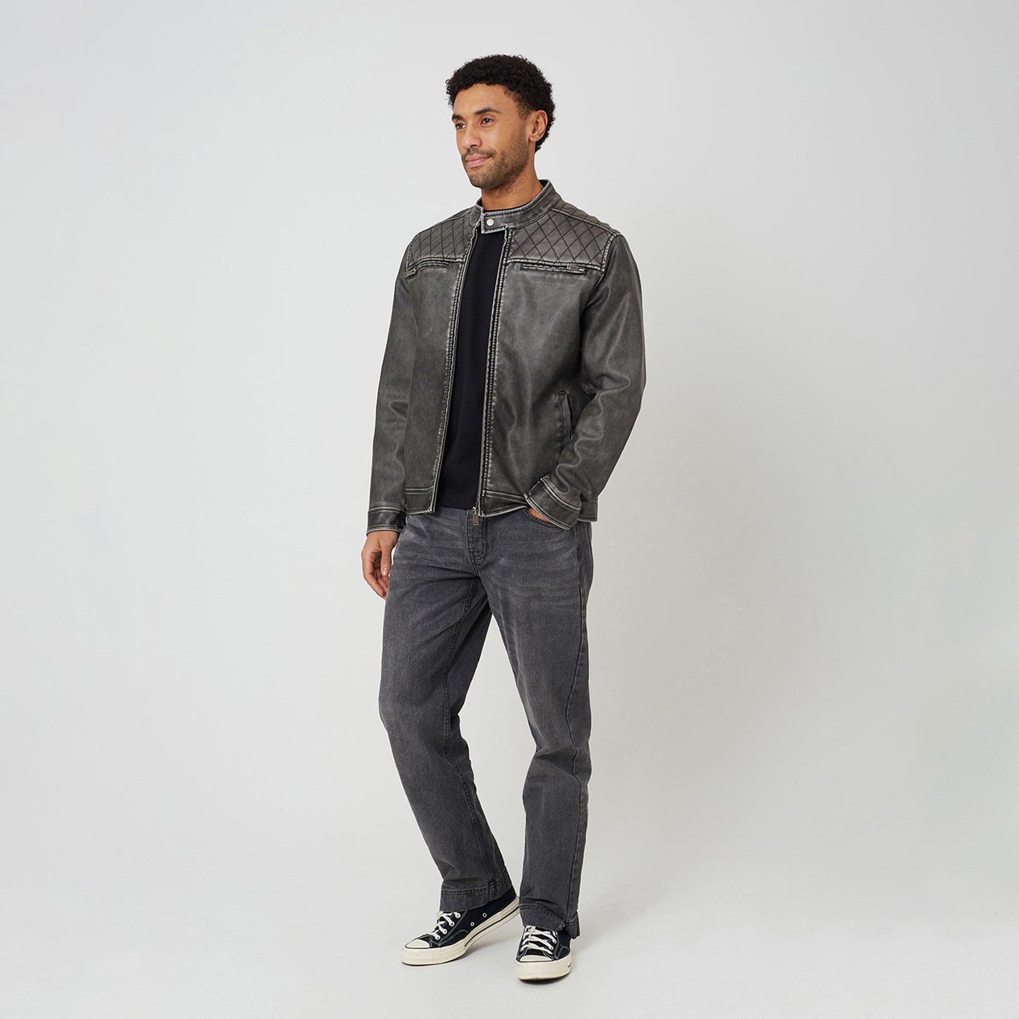 Brave Soul Black Onion Quilted Vintage PU Biker Jacket - Black Image 3