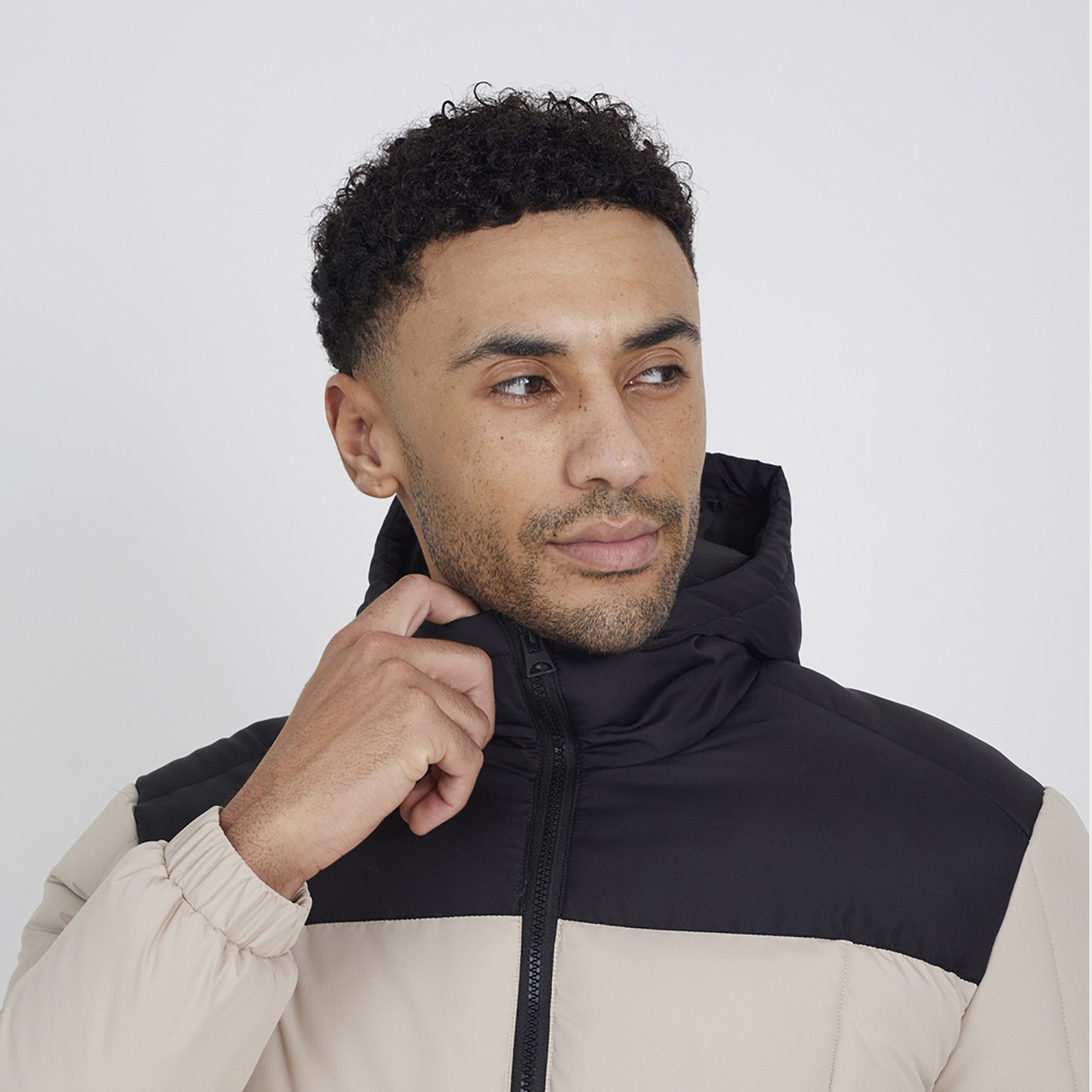 Brave Soul Stone Colour Block Padded Hooded Jacket - Stone Image 4