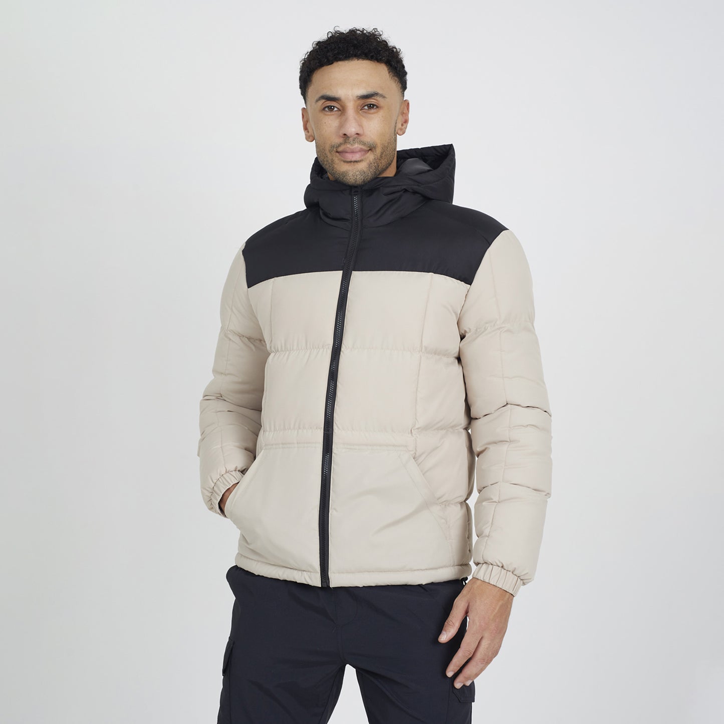 Brave Soul Stone Colour Block Padded Hooded Jacket - Stone Image 1