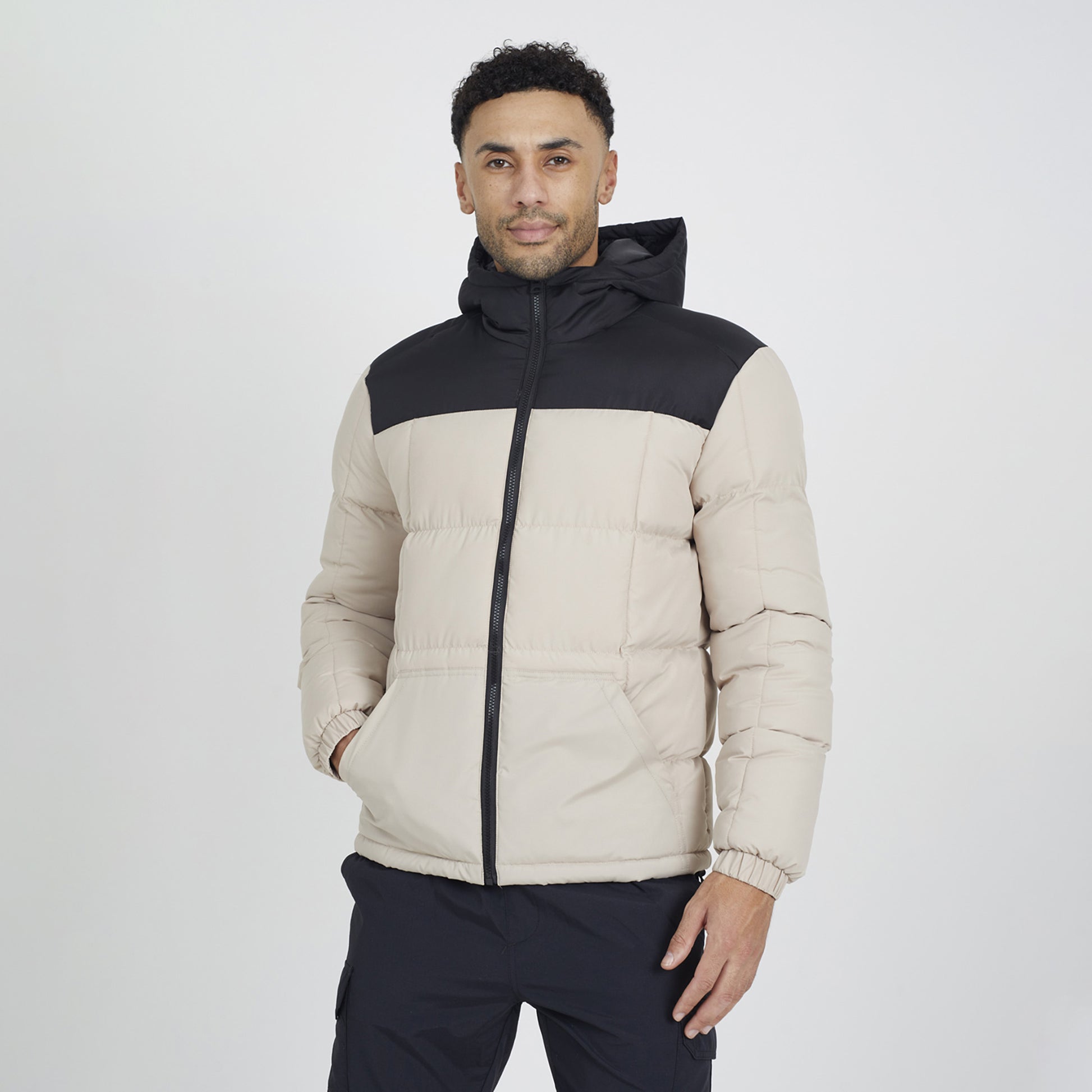 Brave Soul Stone Colour Block Padded Hooded Jacket - Stone Image 1