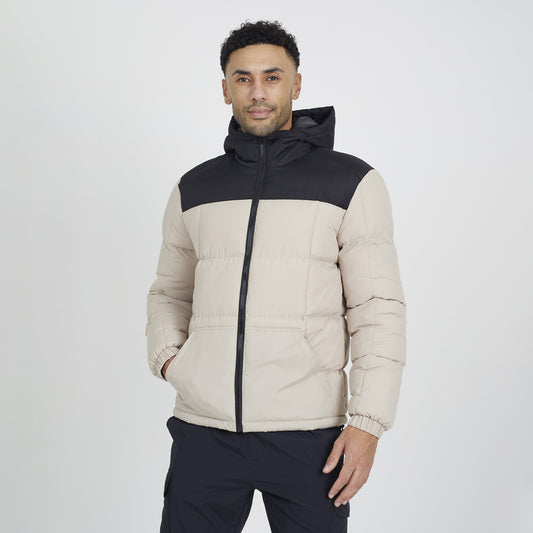Brave Soul Stone Colour Block Padded Hooded Jacket - Stone Image 1
