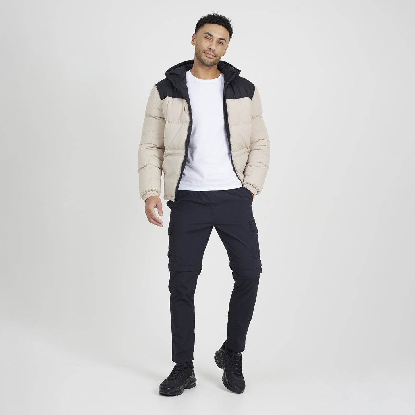 Brave Soul Stone Colour Block Padded Hooded Jacket - Stone Image 3